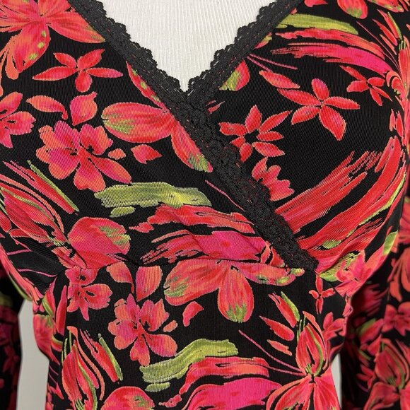 Carducci 90s Y2K Faux Wrap Blouse Size Large Black Red Pink Floral  V Neck Mesh - Picture 4 of 10